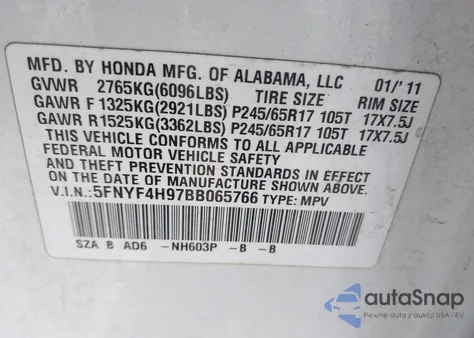 2011 Honda Pilot Touring z USA, uszkodzony, nr VIN 5FNYF4H97BB065766